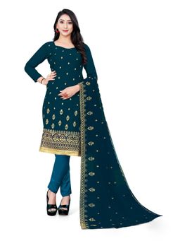 Zeepkart - Vichitra Georgette Teal Zari Embroidered Unstitched Dress Material (Set of 3)