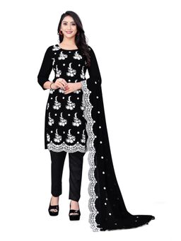 Zeepkart - Vichitra Georgette Black Embroidered Thread Work Unstitched Dress Material (Set of 3)