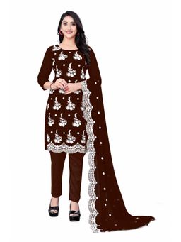 Zeepkart - Vichitra Georgette Brown Embroidered Thread Work Unstitched Dress Material (Set of 3)
