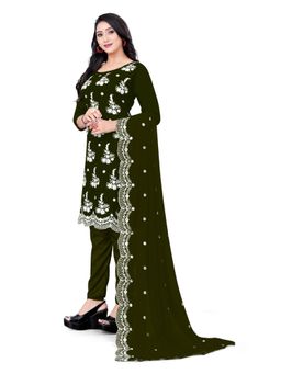 Zeepkart - Vichitra Georgette Olive Embroidered Thread Work Unstitched Dress Material (Set of 3)