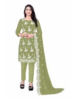 Zeepkart - Vichitra Georgette Olive Embroidered Thread Work Unstitched Dress Material (Set of 3)