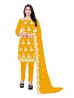 Zeepkart - Vichitra Georgette Mustard Embroidered Thread Work Unstitched Dress Material (Set of 3)