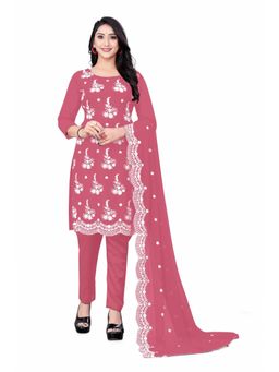 Zeepkart - Vichitra Georgette Pink Embroidered Thread Work Unstitched Dress Material (Set of 3)
