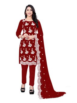 Zeepkart - Vichitra Georgette Maroon Embroidered Thread Work Unstitched Dress Material (Set of 3)