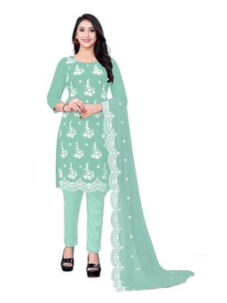 Zeepkart - Vichitra Georgette Turquoise Embroidered Thread Work Unstitched Dress Material (Set of 3)