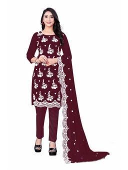 Zeepkart - Vichitra Georgette Wine Embroidered Thread Work Unstitched Dress Material (Set of 3)