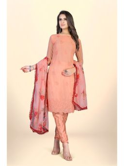 Zeepkart - Vichitra Georgette Orange Embroidered Thread Work Unstitched Dress Material (Set of 3)