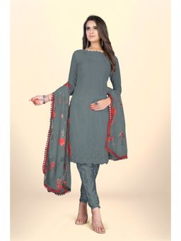 Zeepkart - Vichitra Georgette Grey Embroidered Thread Work Unstitched Dress Material (Set of 3)