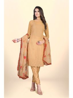 Zeepkart - Vichitra Georgette Beige Embroidered Thread Work Unstitched Dress Material (Set of 3)