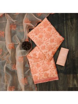 Zeepkart - Vichitra Organza Silk Orange Embroidered Lace Work Unstitched Dress Material (Set of 3)