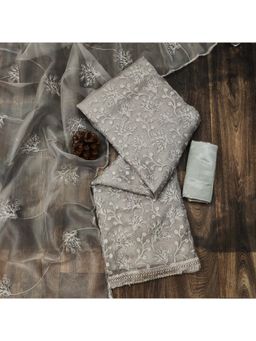 Zeepkart - Vichitra Organza Silk Grey Embroidered Lace Work Unstitched Dress Material (Set of 3)