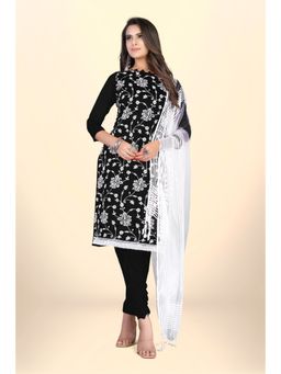 Zeepkart - Vichitra Chanderi Black Embroidered Lace Work Unstitched Dress Material (Set of 3)