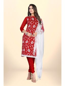 Zeepkart - Vichitra Chanderi Red Embroidered Lace Work Unstitched Dress Material (Set of 3)