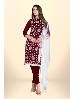 Zeepkart - Vichitra Chanderi Wine Embroidered Lace Work Unstitched Dress Material (Set of 3)