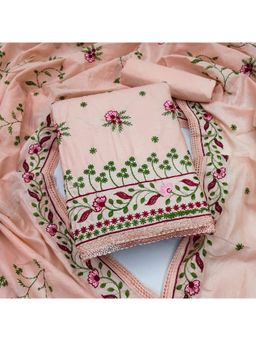 Zeepkart - Vichitra Cotton Blend Peach Embroidered Thread Work Unstitched Dress Material (Set of 3)