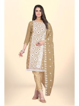Zeepkart - Vichitra Organza Silk Beige Embroidered Lace Work Unstitched Dress Material (Set of 3)