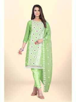 Zeepkart - Vichitra Organza Silk Green Embroidered Lace Work Unstitched Dress Material (Set of 3)