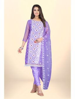 Zeepkart - Vichitra Organza Silk Lavender Embroidered Lace Work Unstitched Dress Material (Set of 3)