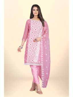 Zeepkart - Vichitra Organza Silk Pink Embroidered Lace Work Unstitched Dress Material (Set of 3)