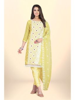 Zeepkart - Vichitra Organza Silk Yellow Embroidered Lace Work Unstitched Dress Material (Set of 3)