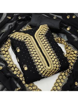 Zeepkart - Vichitra Georgette Black Embroidered Thread Work Unstitched Dress Material (Set of 3)