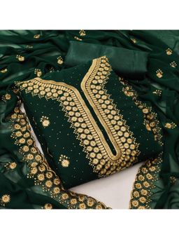 Zeepkart - Vichitra Georgette Green Embroidered Thread Work Unstitched Dress Material (Set of 3)