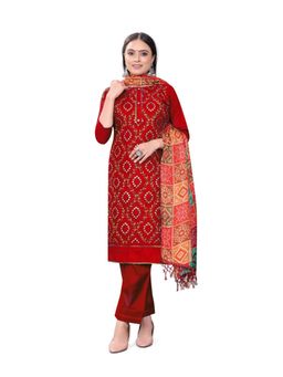 Zeepkart - Vichitra Cotton Blend Red Embroidered Mirror Work Unstitched Dress Material (Set of 3)