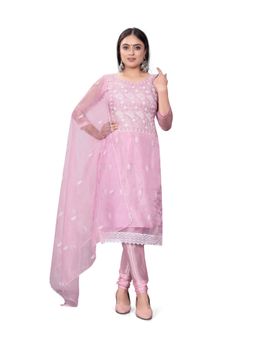 Zeepkart - Vichitra Organza Silk Pink Embroidered Lace Work Unstitched Dress Material (Set of 3)