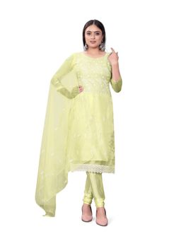 Zeepkart - Vichitra Organza Silk Yellow Embroidered Lace Work Unstitched Dress Material (Set of 3)