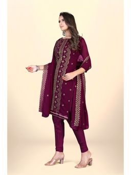 Zeepkart - Vichitra Georgette Wine Embroidered Thread Work Unstitched Dress Material (Set of 3)