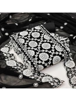 Zeepkart - Vichitra Georgette Black Embroidered Lace Work Unstitched Dress Material (Set of 3)