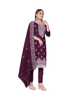 Zeepkart - Vichitra Cotton Blend Purple Embroidered Unstitched Dress Material (Set of 3)