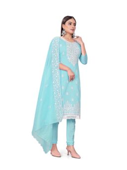 Zeepkart - Vichitra Cotton Blend Blue Embroidered Unstitched Dress Material (Set of 3)