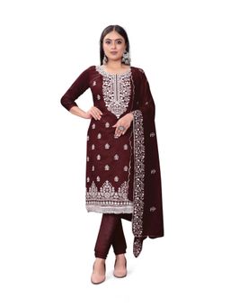 Zeepkart - Vichitra Cotton Blend Wine Embroidered Unstitched Dress Material (Set of 3)