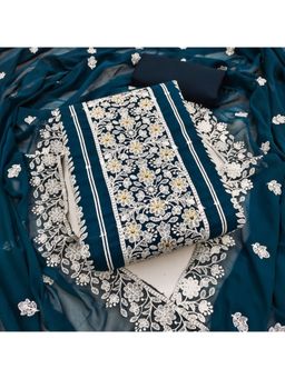 Zeepkart - Vichitra Georgette Teal Embroidered Lace Work Unstitched Dress Material (Set of 3)