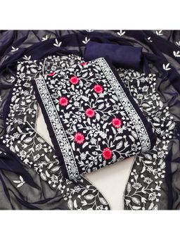 Zeepkart - Vichitra Georgette Navy Blue Embroidered Unstitched Dress Material (Set of 3)