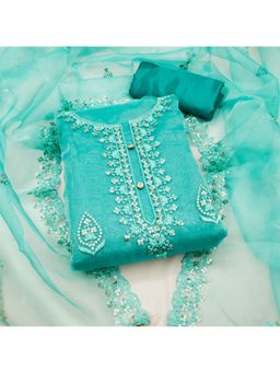 Zeepkart - Vichitra Organza Silk Blue Embroidered Sequined Unstitched Dress Material (Set of 3)