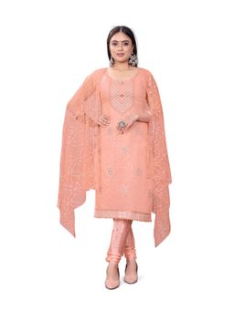 Zeepkart - Vichitra Chanderi Orange Embroidered Sequined Unstitched Dress Material (Set of 3)