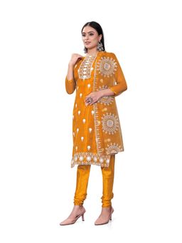 Zeepkart - Vichitra Organza Silk Orange Embroidered Lace Work Unstitched Dress Material (Set of 3)