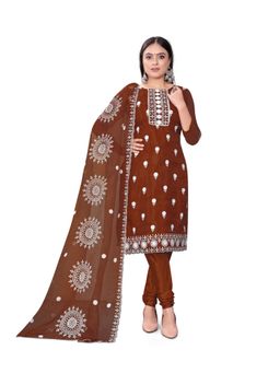 Zeepkart - Vichitra Organza Silk Brown Embroidered Lace Work Unstitched Dress Material (Set of 3)