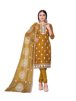 Zeepkart - Vichitra Organza Silk Olive Embroidered Lace Work Unstitched Dress Material (Set of 3)