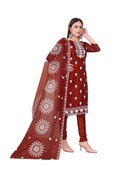 Zeepkart - Vichitra Organza Silk Red Embroidered Lace Work Unstitched Dress Material (Set of 3)