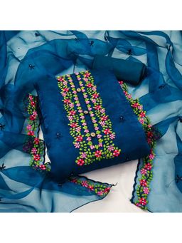 Zeepkart - Vichitra Organza Silk Blue Embroidered Thread Work Unstitched Dress Material (Set of 3)