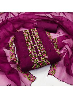 Zeepkart - Vichitra Organza Silk Purple Embroidered Thread Work Unstitched Dress Material (Set of 3)