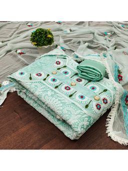 Zeepkart - Vichitra Chanderi Turquoise Embroidered Unstitched Dress Material (Set of 3)