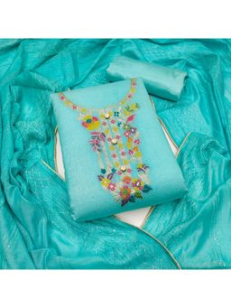 Zeepkart - Vichitra Banarasi Blue Gota Embroidered Unstitched Dress Material (Set of 3)