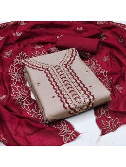 Zeepkart - Vichitra Cotton Blend Beige Embroidered Sequined Unstitched Dress Material (Set of 3)