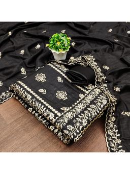Zeepkart - Vichitra Silk Blend Black Embroidered Thread Work Unstitched Dress Material (Set of 3)