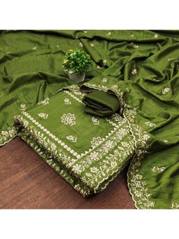Zeepkart - Vichitra Silk Blend Green Embroidered Thread Work Unstitched Dress Material (Set of 3)
