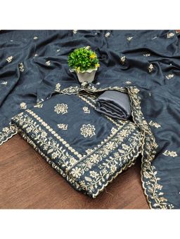 Zeepkart - Vichitra Silk Blend Grey Embroidered Thread Work Unstitched Dress Material (Set of 3)